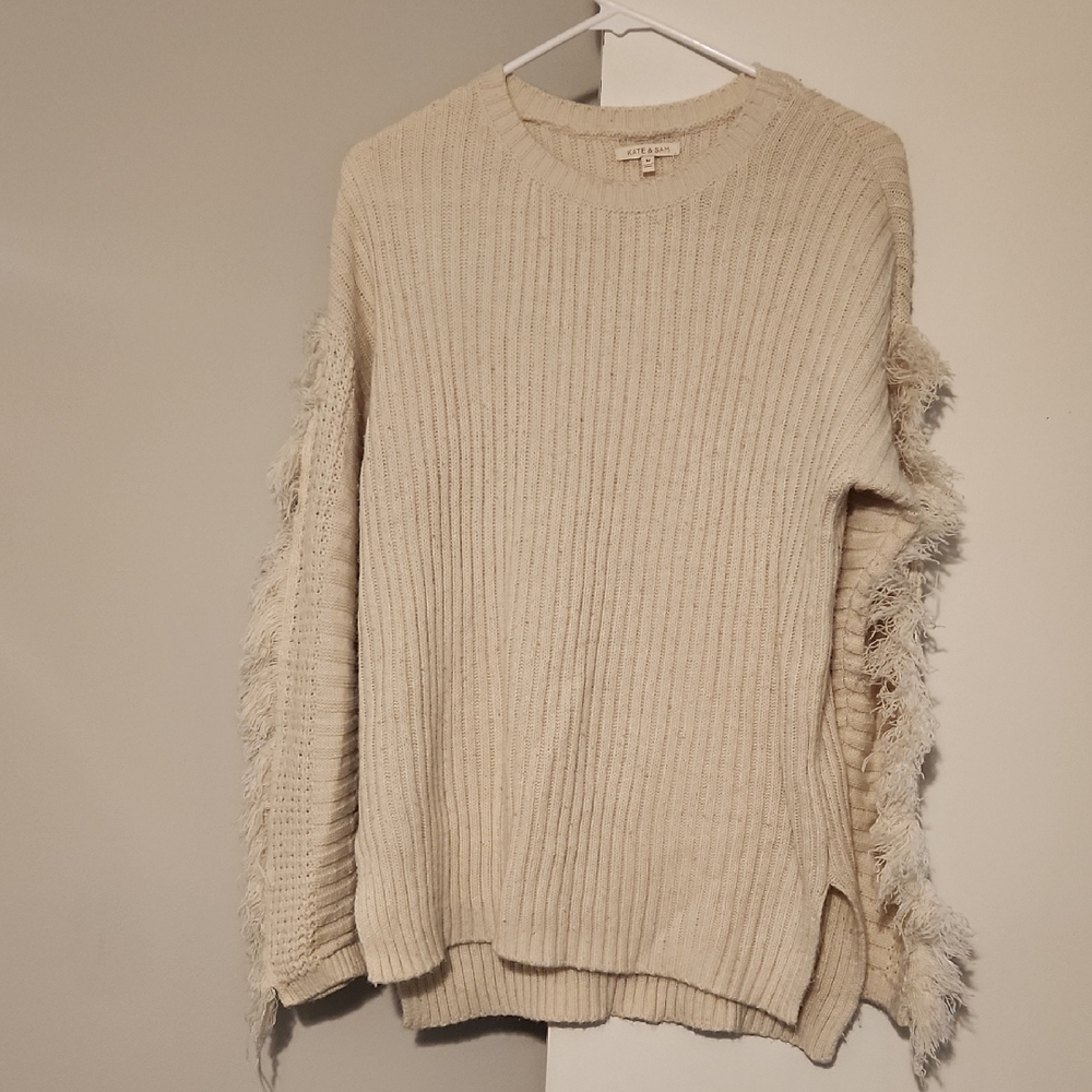 Cream Ribbed Crew Neck Sweater with Fringe Sleeves